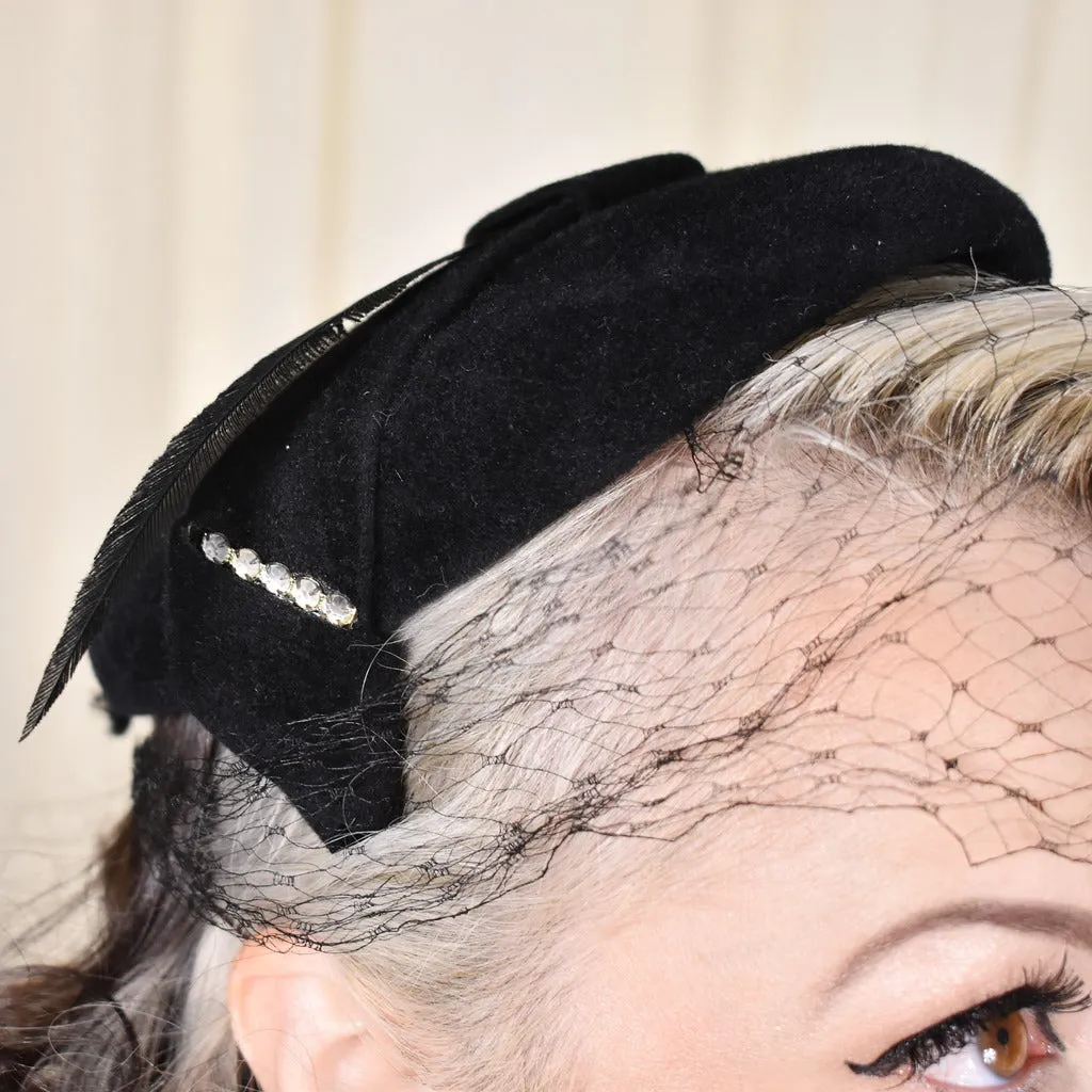 1950s Black Feather Vintage Velour Hat