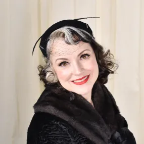 1950s Black Feather Vintage Velour Hat