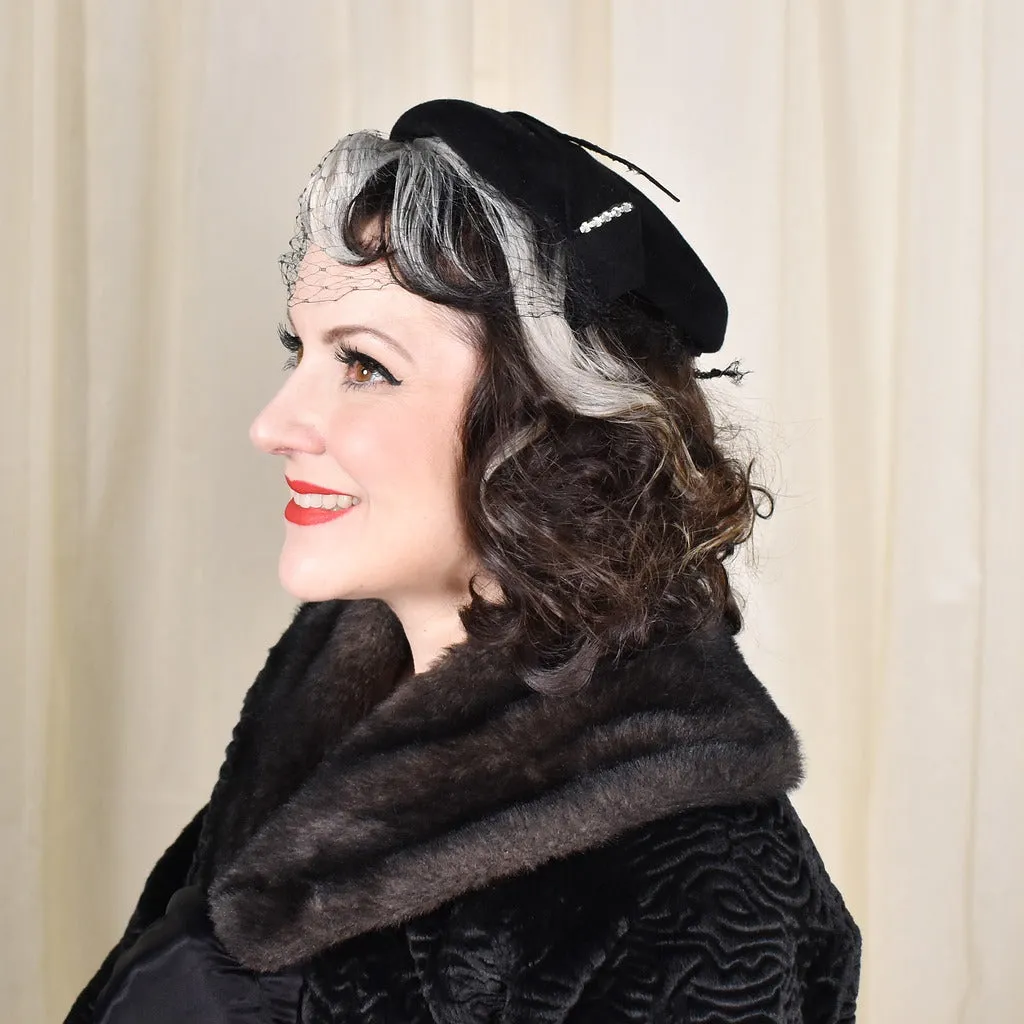 1950s Black Feather Vintage Velour Hat