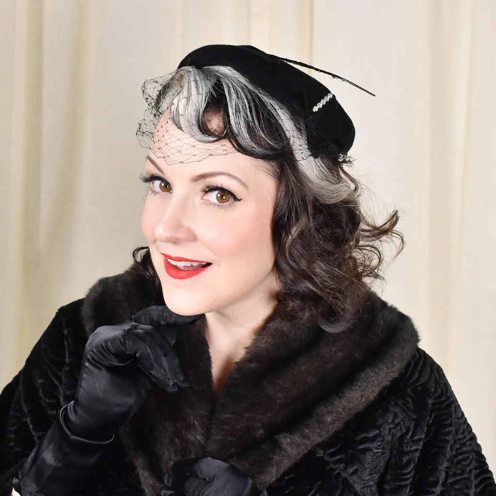 1950s Black Feather Vintage Velour Hat