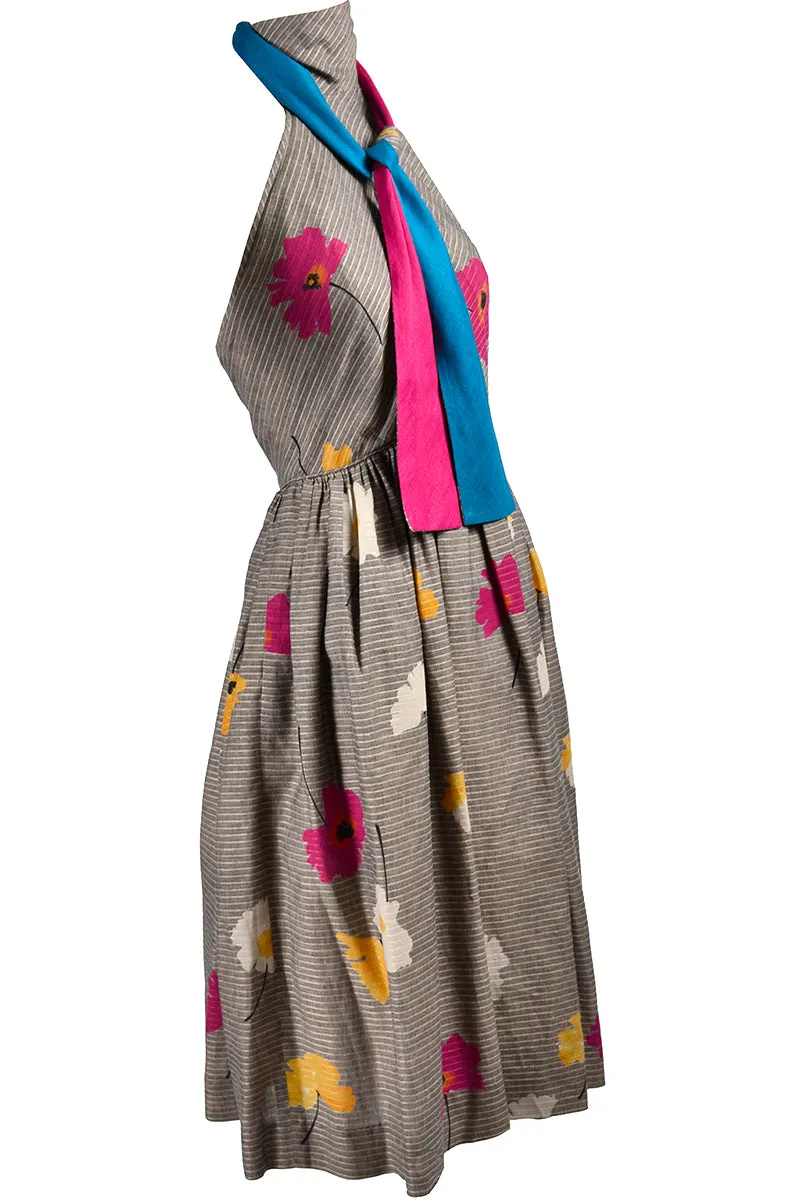 1970s Albert Nipon Vintage Halter Dress in Floral Linen Blend