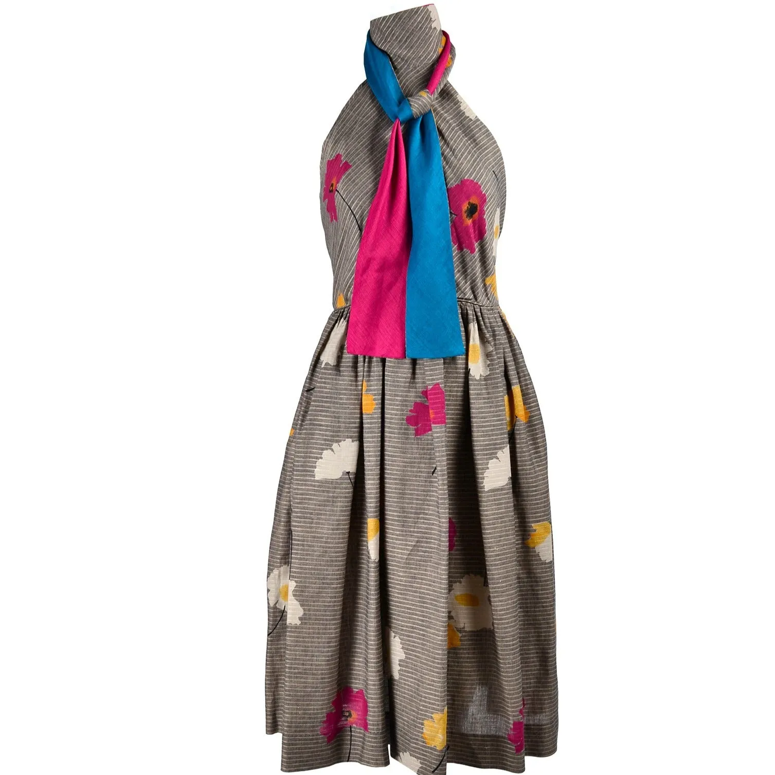 1970s Albert Nipon Vintage Halter Dress in Floral Linen Blend