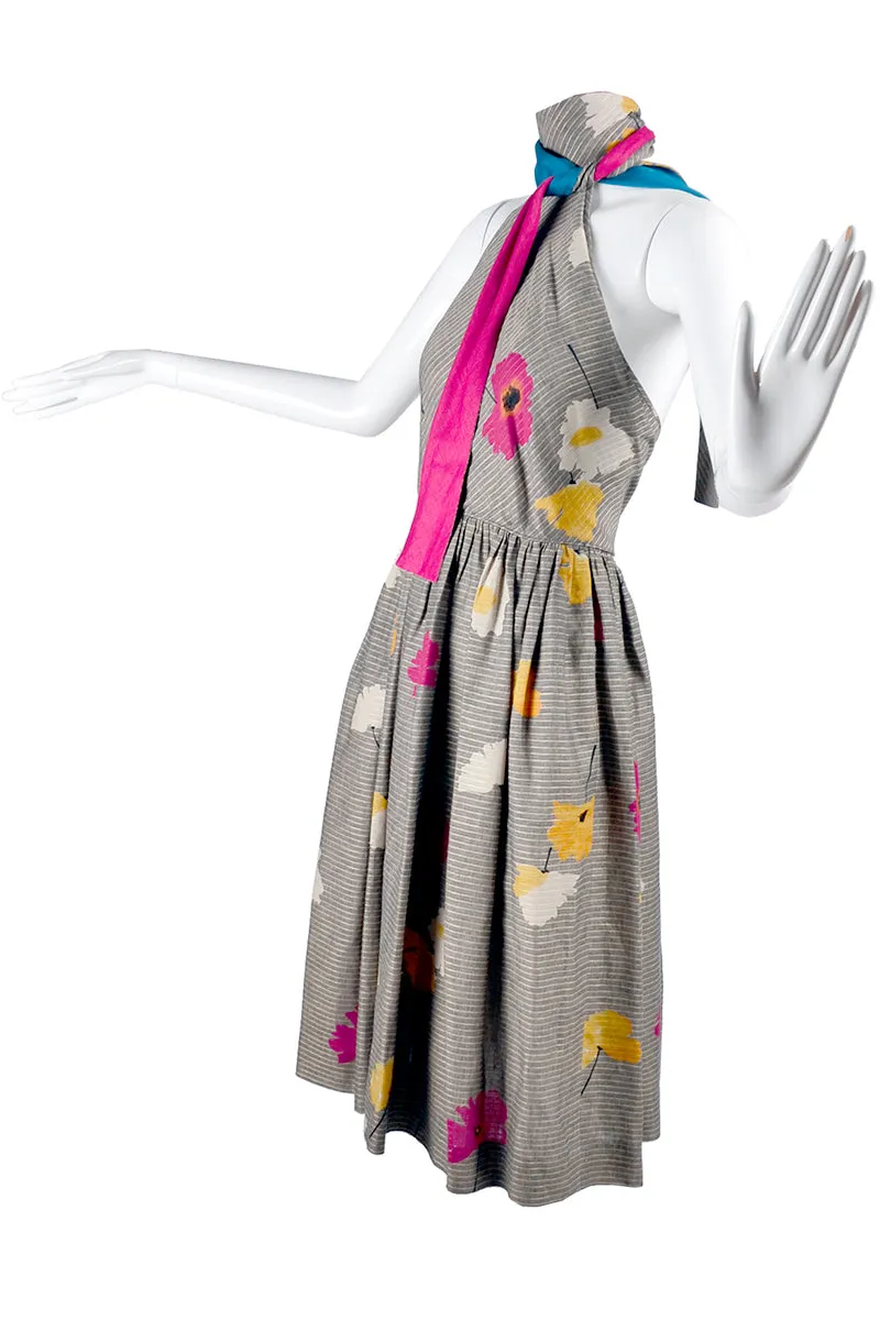 1970s Albert Nipon Vintage Halter Dress in Floral Linen Blend