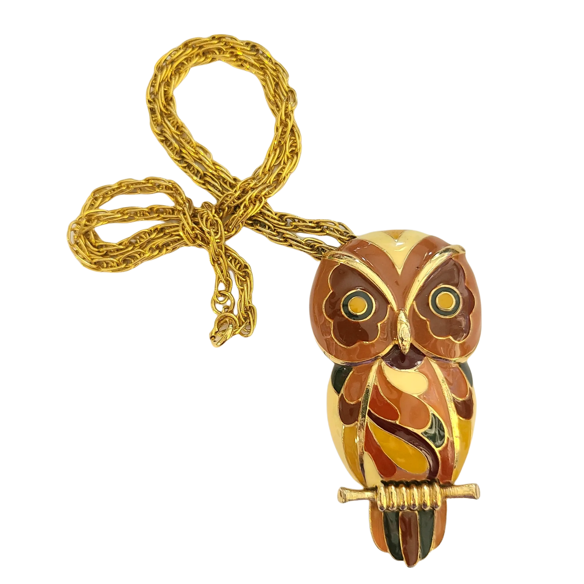1970s Eisenberg Enameled Owl Pendant in Autumn Tones - Artist Series
