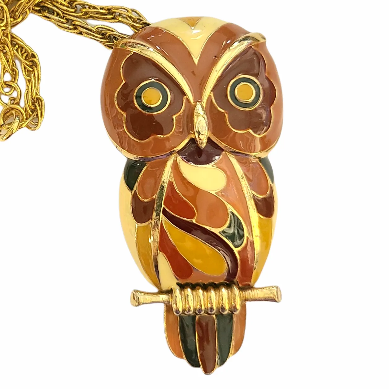 1970s Eisenberg Enameled Owl Pendant in Autumn Tones - Artist Series