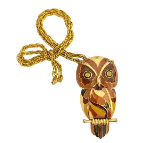 1970s Eisenberg Enameled Owl Pendant in Autumn Tones - Artist Series