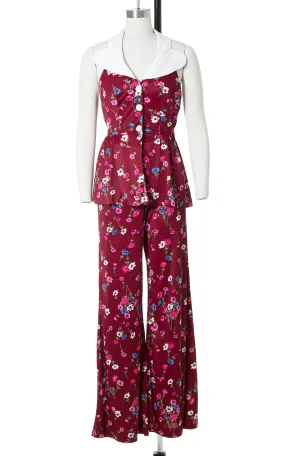 1970s Floral Open Back Halter Top & Bell Bottoms Set | small