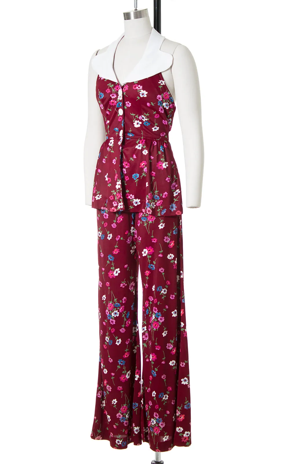 1970s Floral Open Back Halter Top & Bell Bottoms Set | small