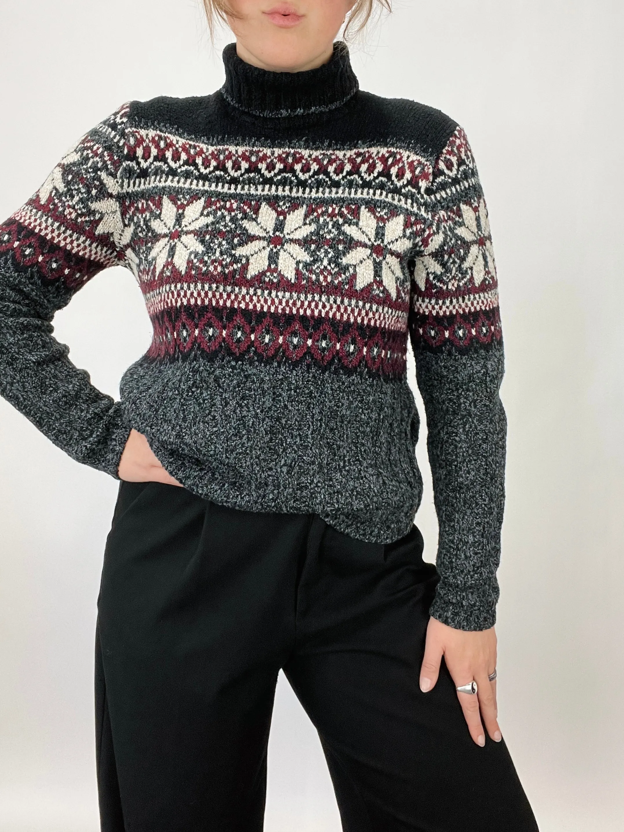 90s Vintage Kathy Ireland Fair Isle Turtleneck Sweater (M)