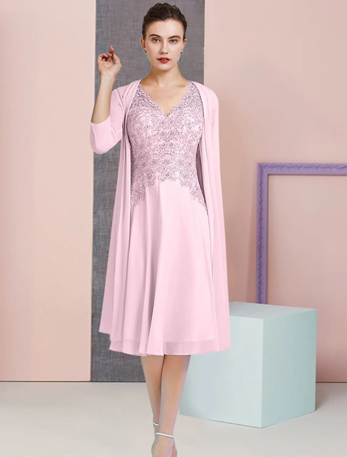 Aimishang  A-Line Mother of the Bride Dress Formal Wedding Guest Vintage Elegant V Neck Knee Length Chiffon Lace 3/4 Length Sleeve Jacket Dresses with Beading Sequin Appliques