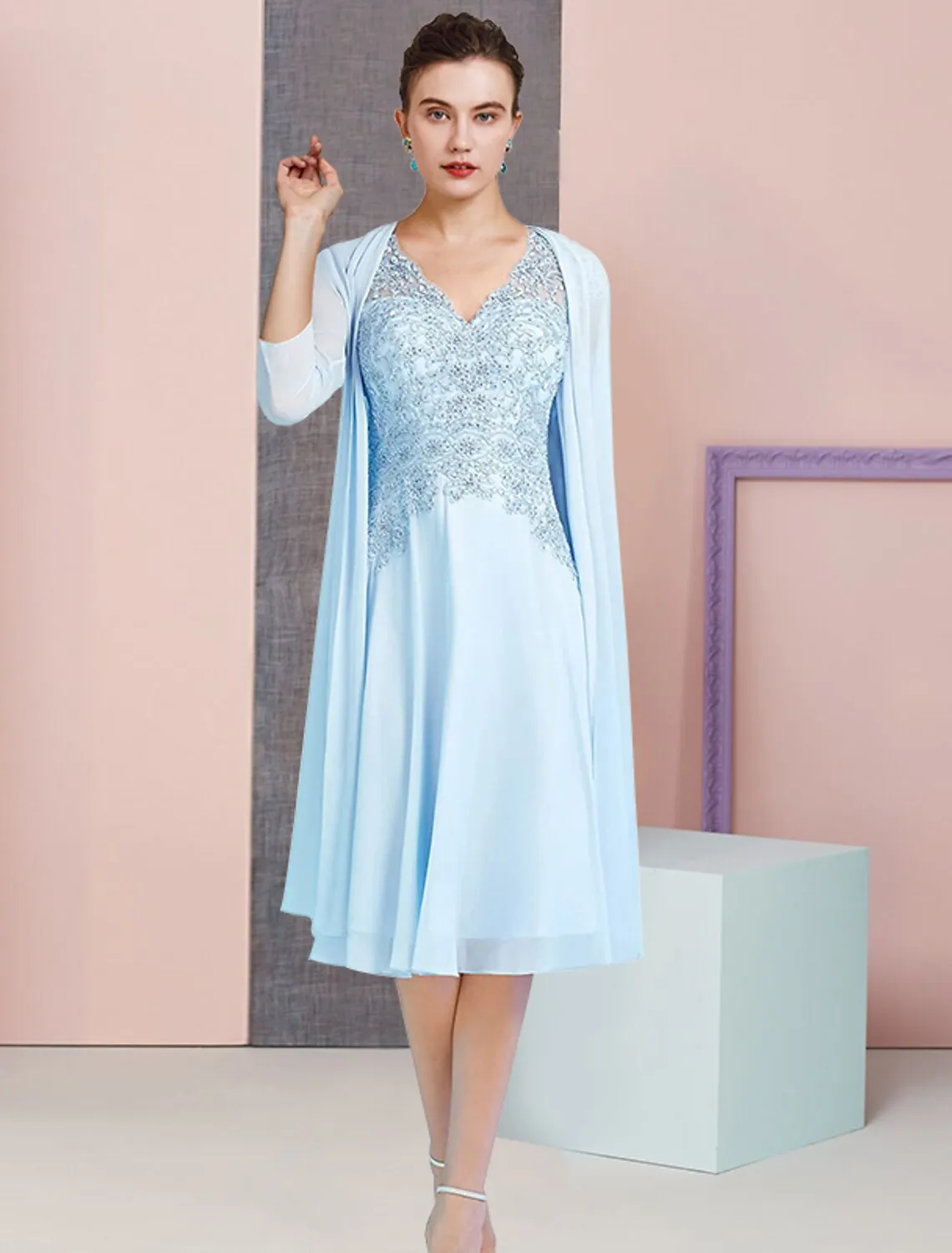 Aimishang  A-Line Mother of the Bride Dress Formal Wedding Guest Vintage Elegant V Neck Knee Length Chiffon Lace 3/4 Length Sleeve Jacket Dresses with Beading Sequin Appliques