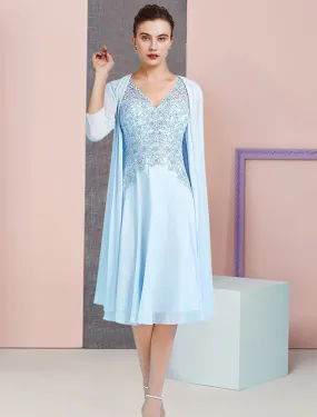 Aimishang  A-Line Mother of the Bride Dress Formal Wedding Guest Vintage Elegant V Neck Knee Length Chiffon Lace 3/4 Length Sleeve Jacket Dresses with Beading Sequin Appliques