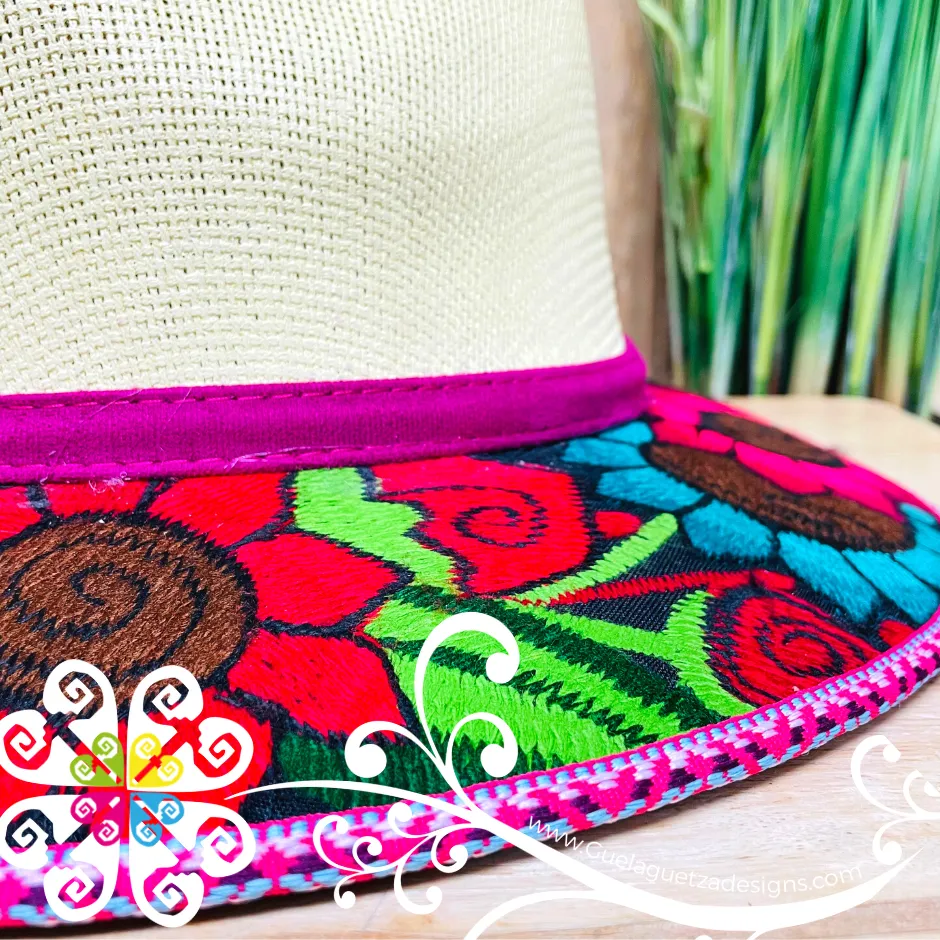 Beige Embroider Summer Hat - Magenta Rim