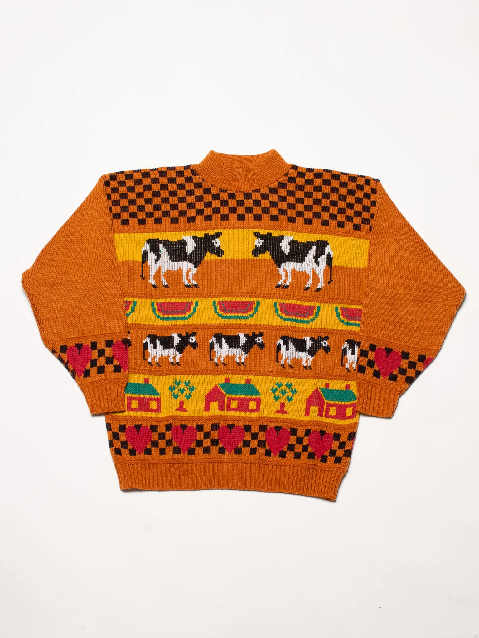 Brown Checkerboard Cow Sweater (L)