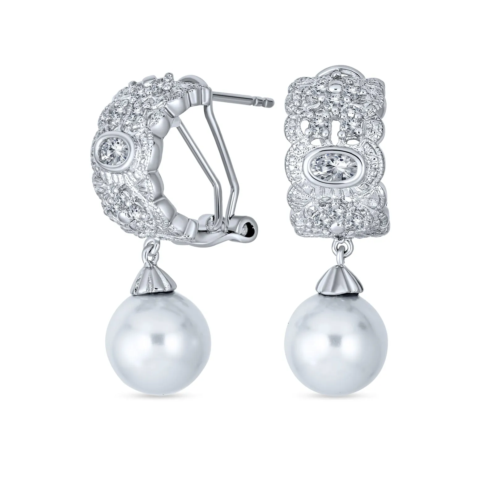 Classic Bridal White Pave CZ Half Hoop Ball Drop Glass Pearl Earrings