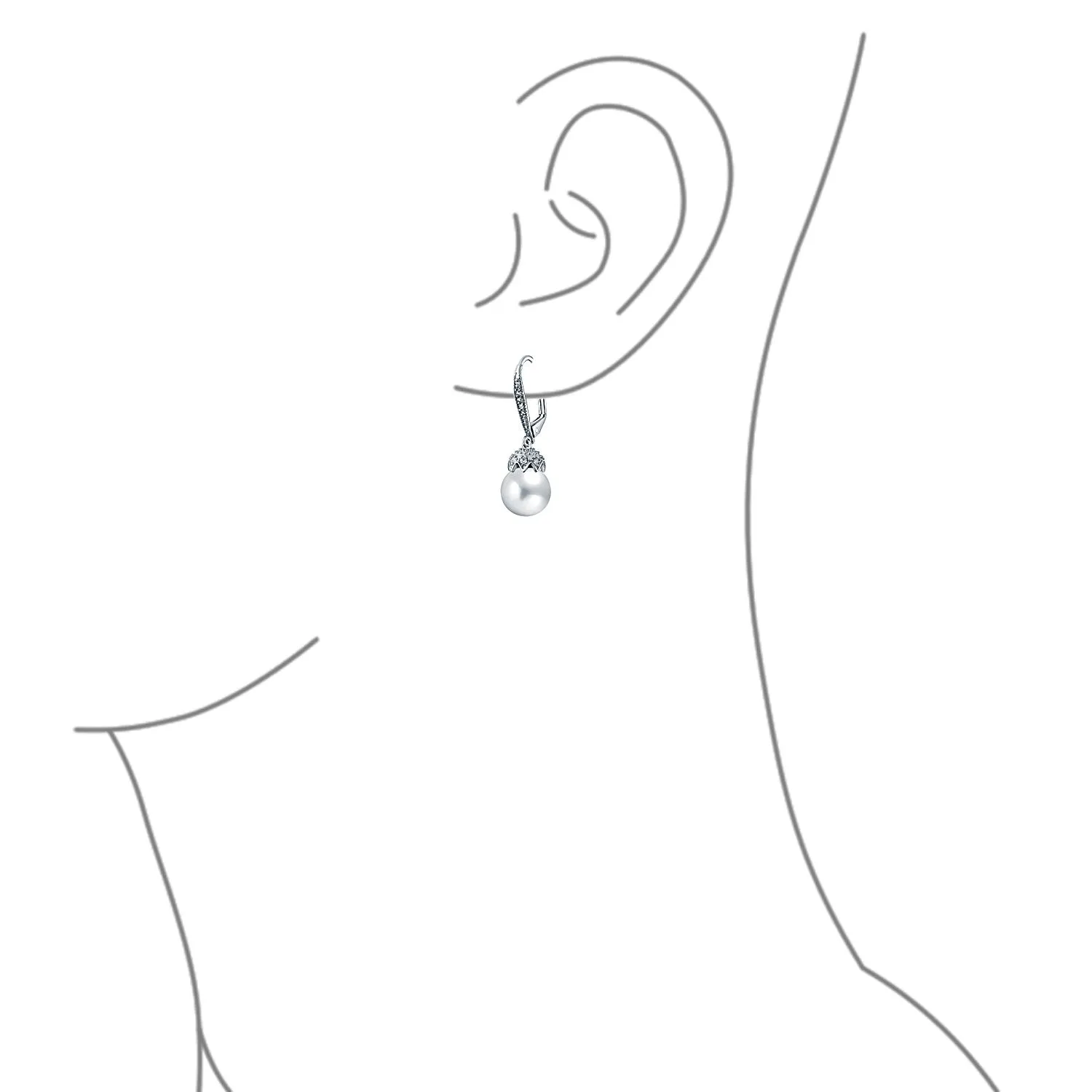 Classic Bridal White Pave CZ Half Hoop Ball Drop Glass Pearl Earrings
