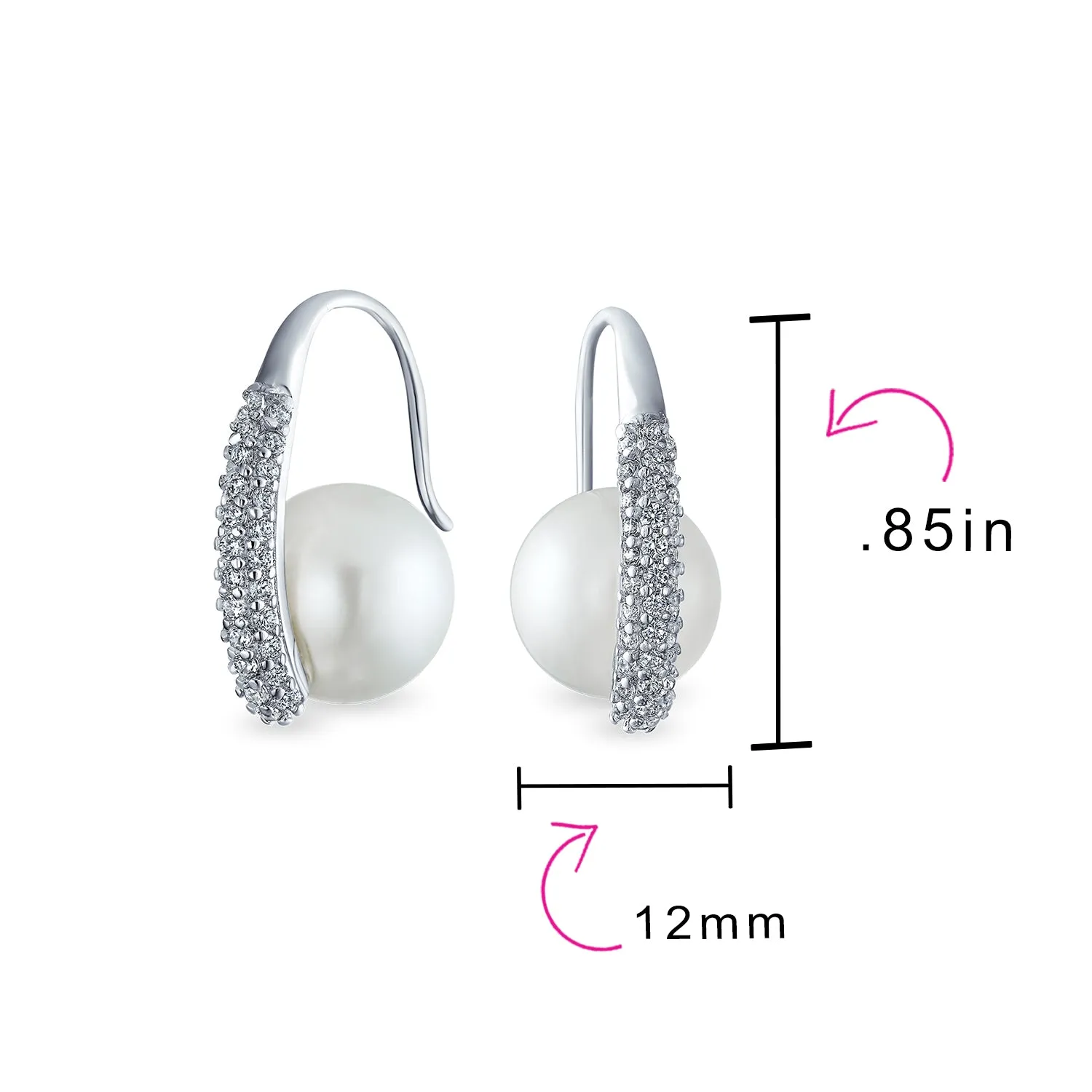 Classic Bridal White Pave CZ Half Hoop Ball Drop Glass Pearl Earrings