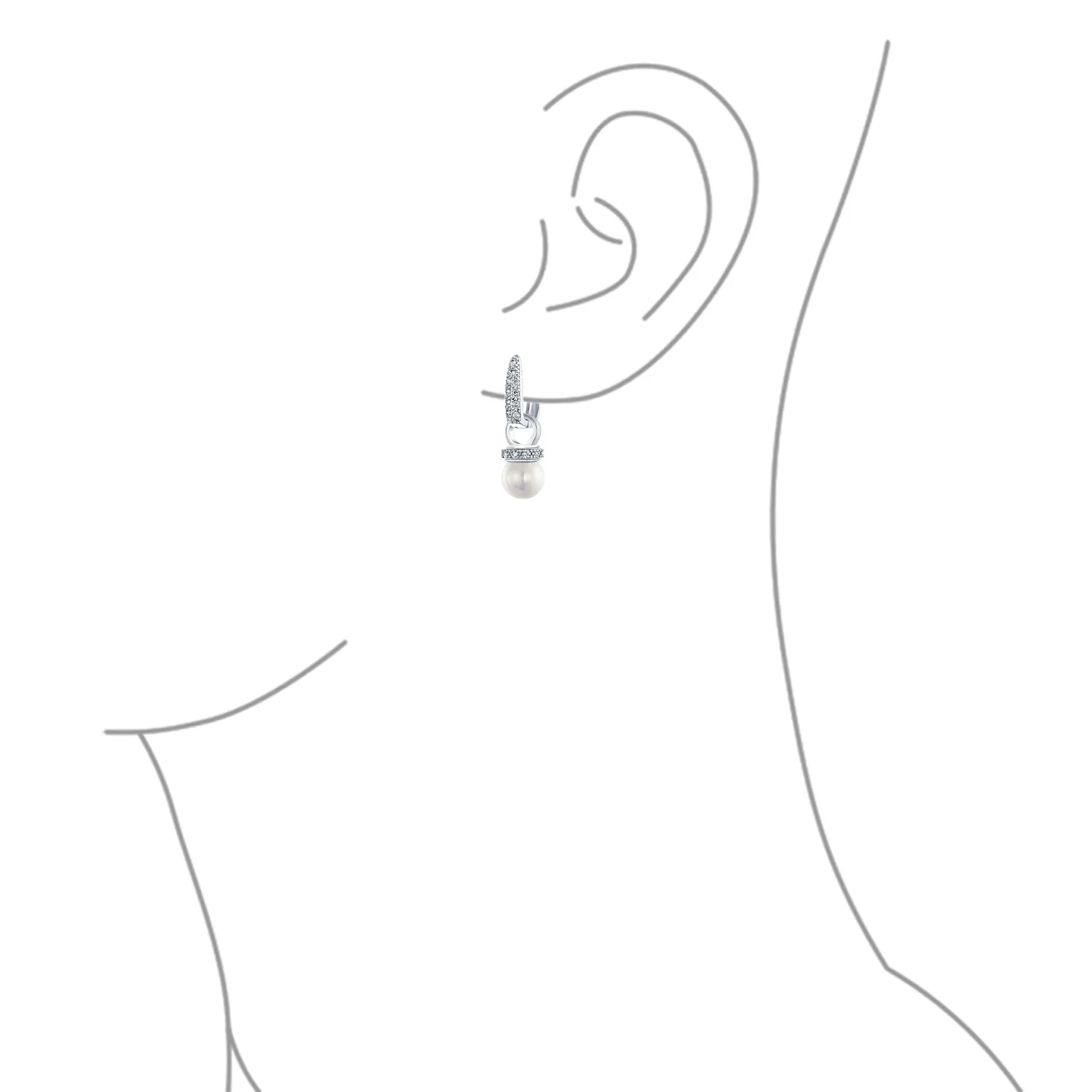 Classic Bridal White Pave CZ Half Hoop Ball Drop Glass Pearl Earrings
