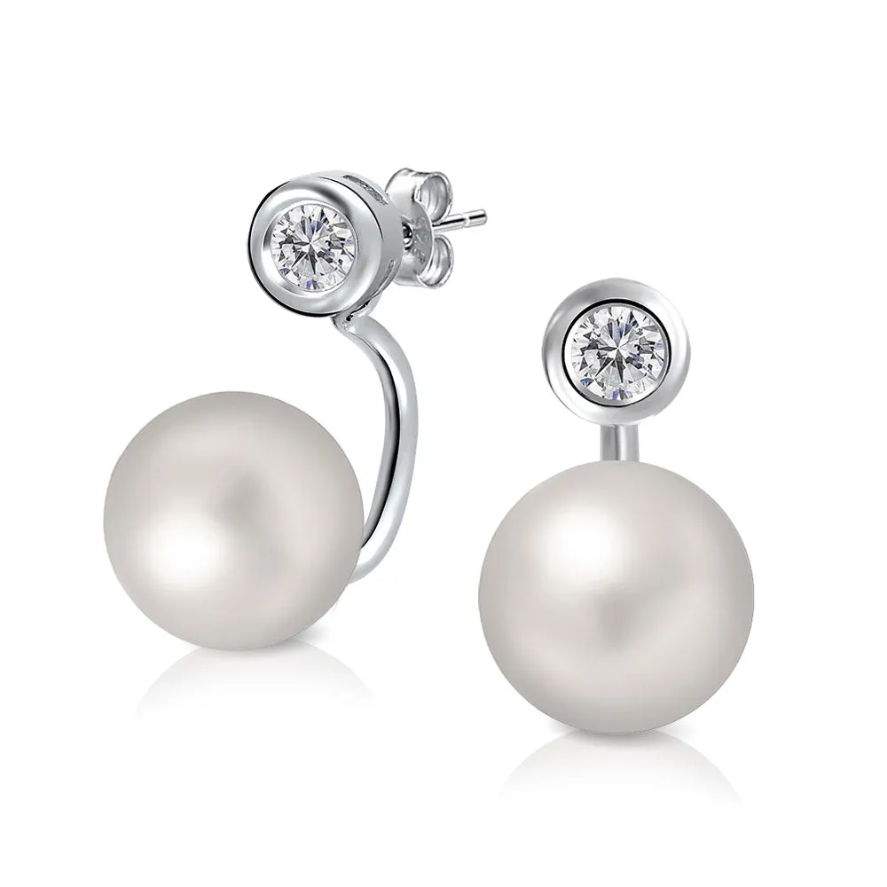 Classic Bridal White Pave CZ Half Hoop Ball Drop Glass Pearl Earrings