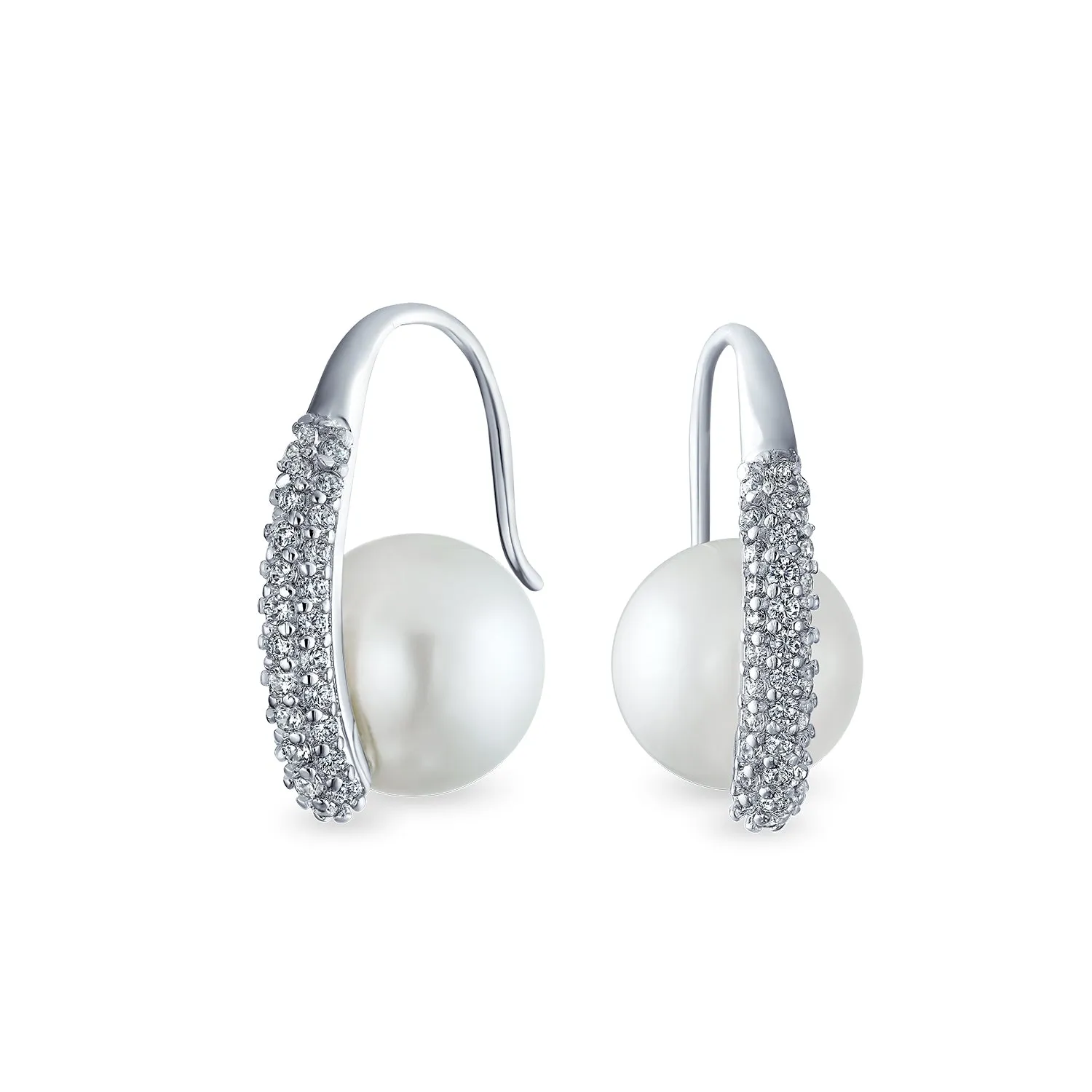 Classic Bridal White Pave CZ Half Hoop Ball Drop Glass Pearl Earrings