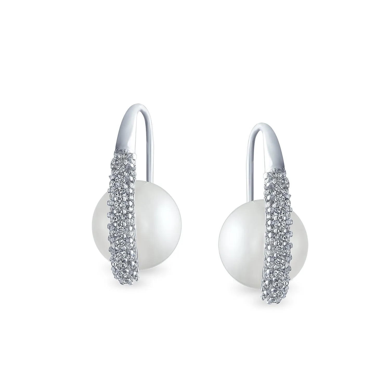 Classic Bridal White Pave CZ Half Hoop Ball Drop Glass Pearl Earrings