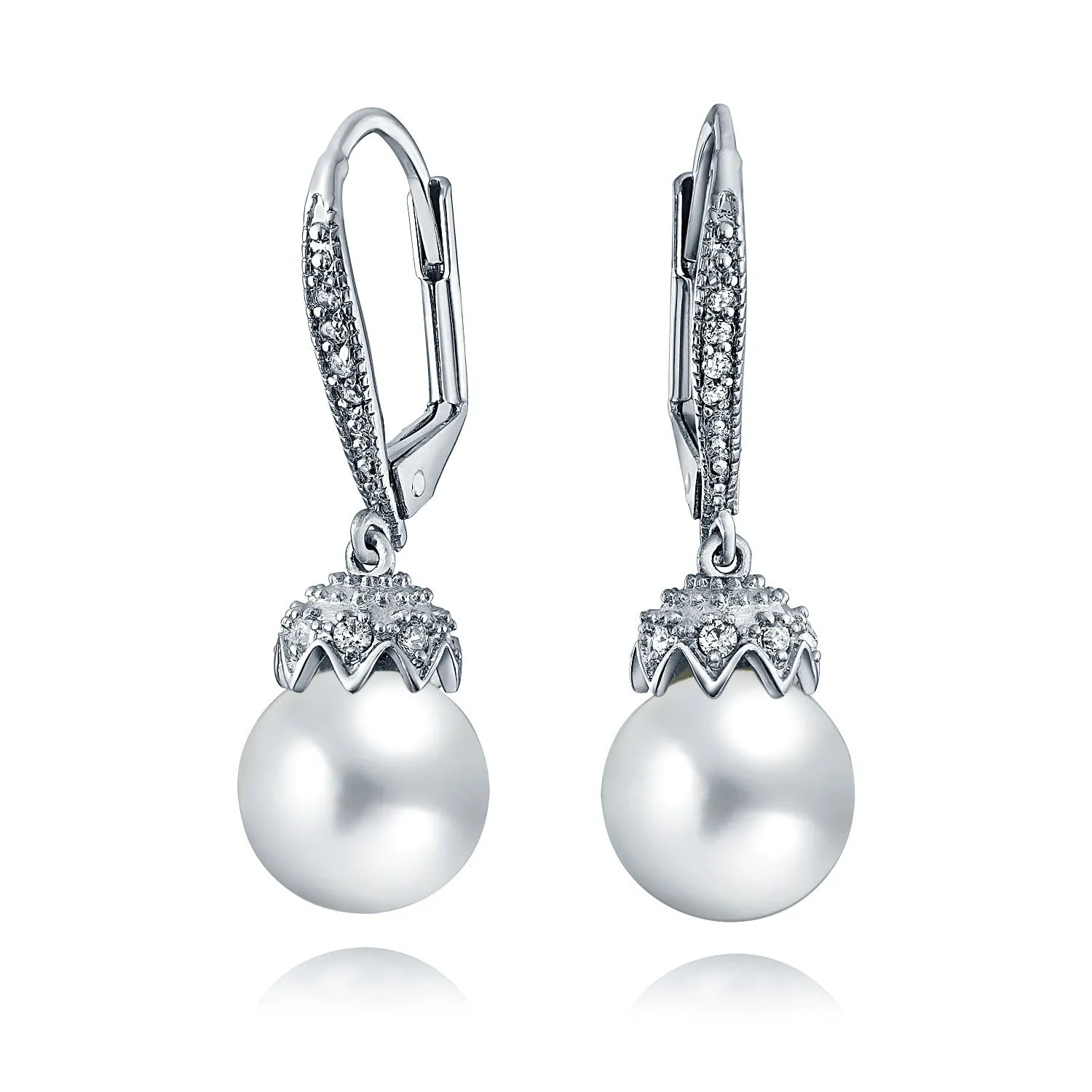 Classic Bridal White Pave CZ Half Hoop Ball Drop Glass Pearl Earrings