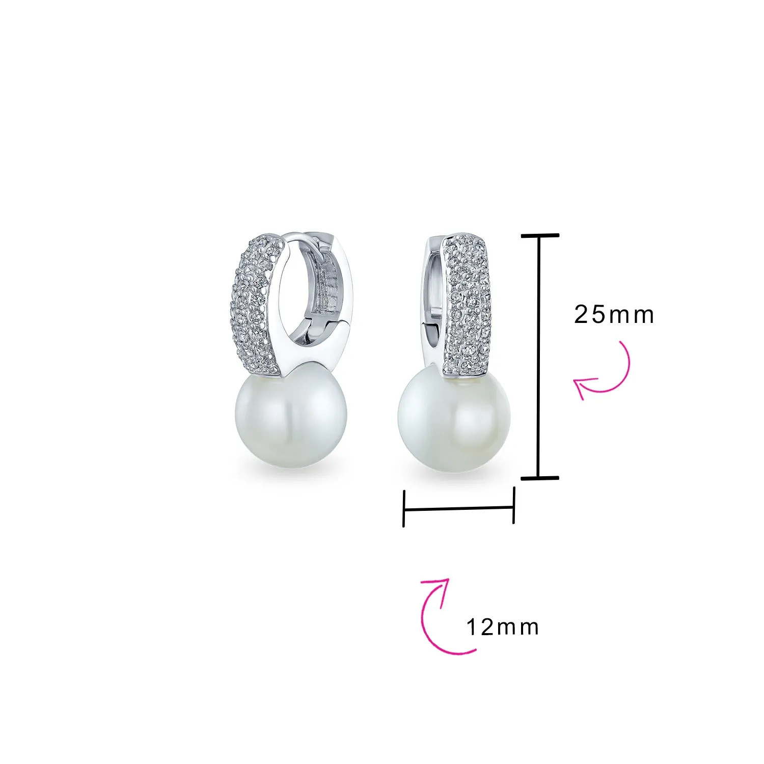 Classic Bridal White Pave CZ Half Hoop Ball Drop Glass Pearl Earrings