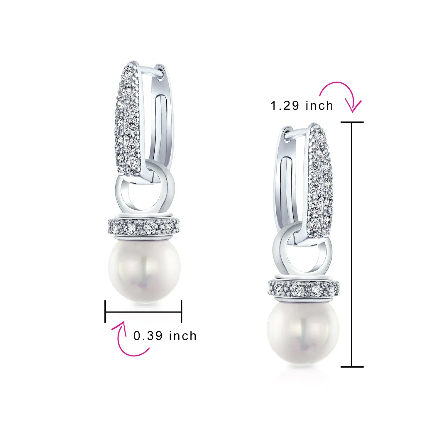 Classic Bridal White Pave CZ Half Hoop Ball Drop Glass Pearl Earrings