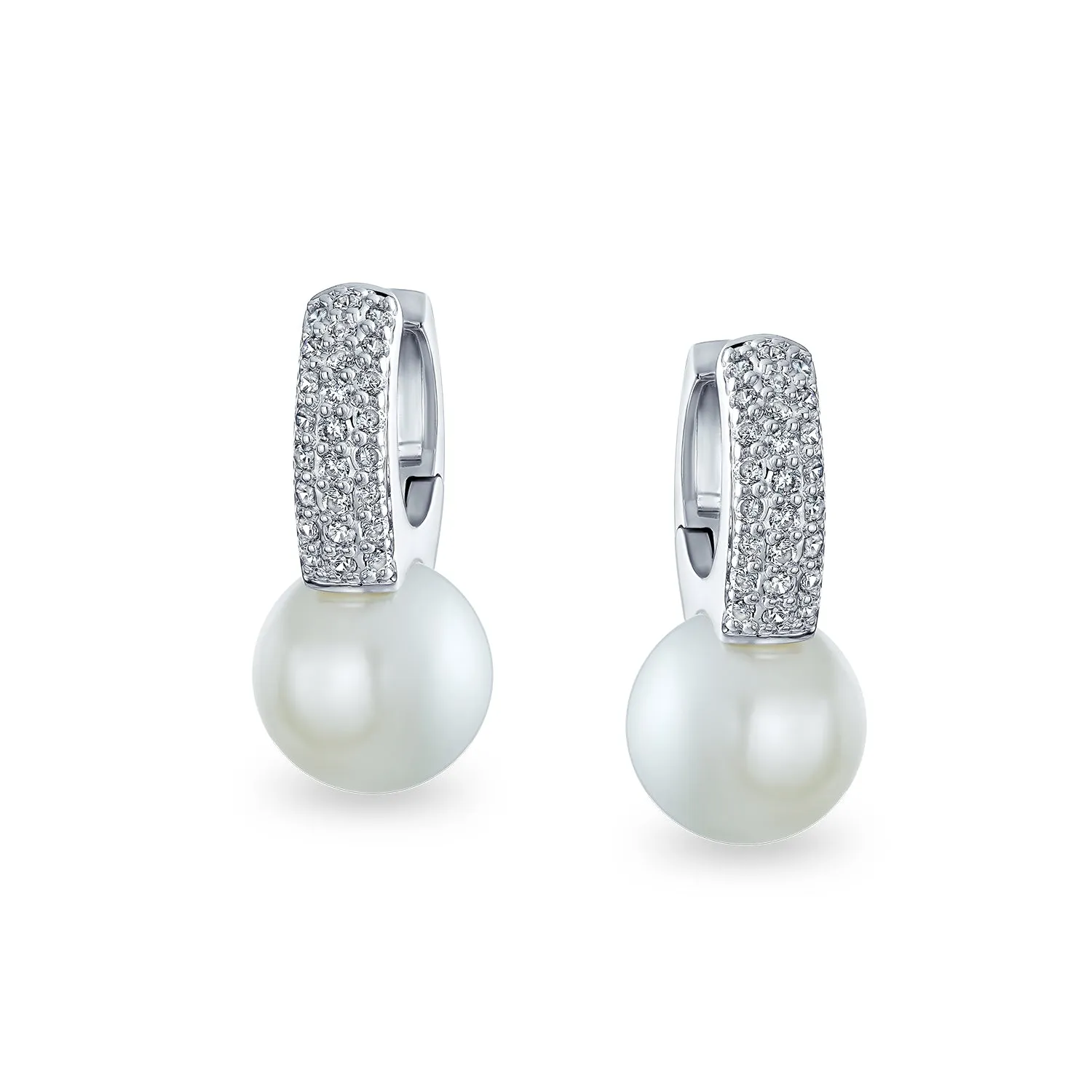 Classic Bridal White Pave CZ Half Hoop Ball Drop Glass Pearl Earrings