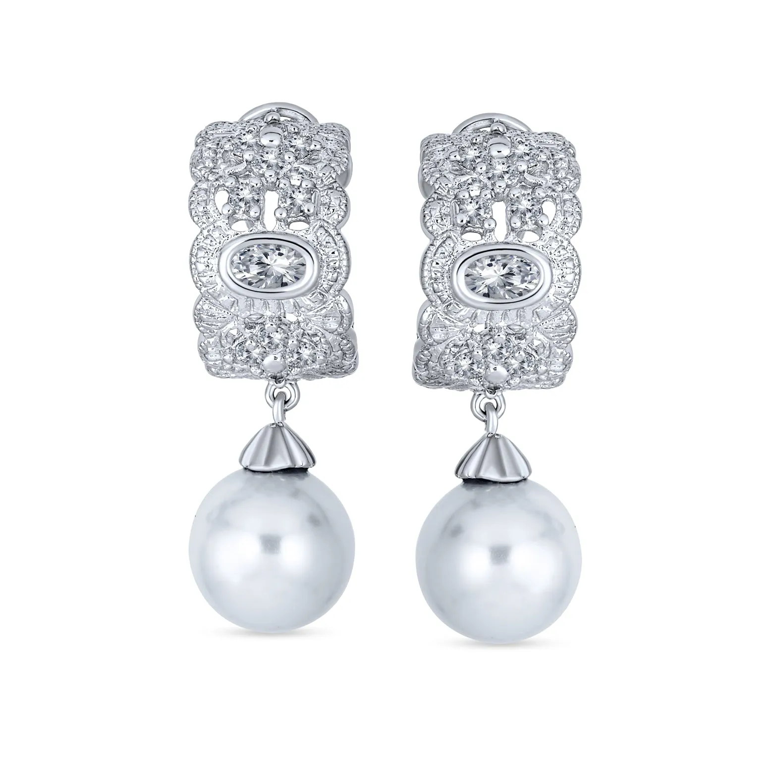 Classic Bridal White Pave CZ Half Hoop Ball Drop Glass Pearl Earrings