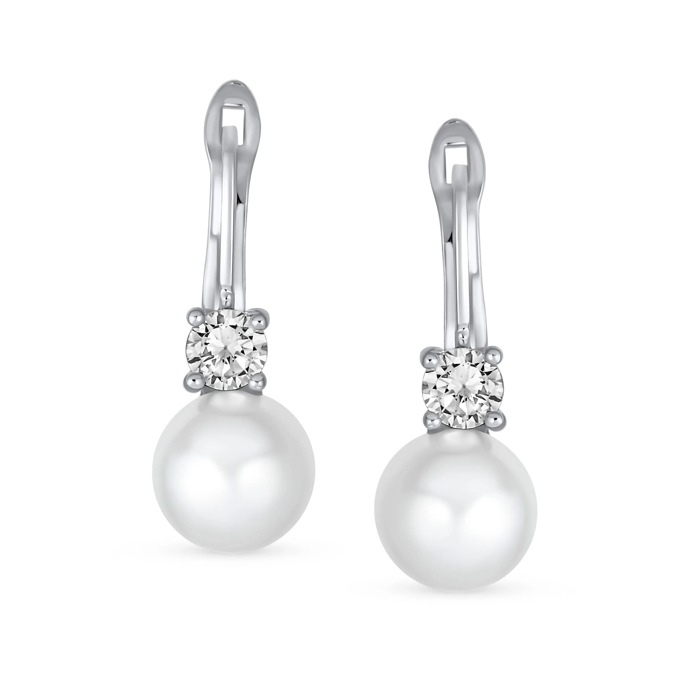 Classic Bridal White Pave CZ Half Hoop Ball Drop Glass Pearl Earrings