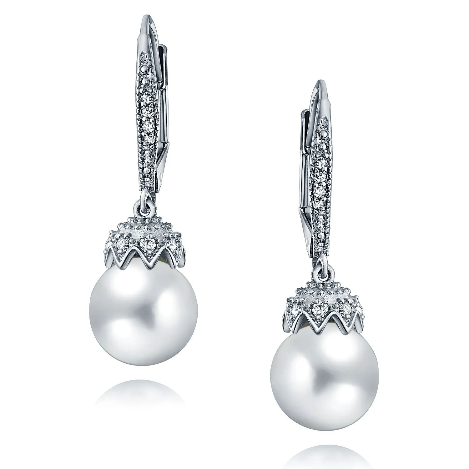 Classic Bridal White Pave CZ Half Hoop Ball Drop Glass Pearl Earrings
