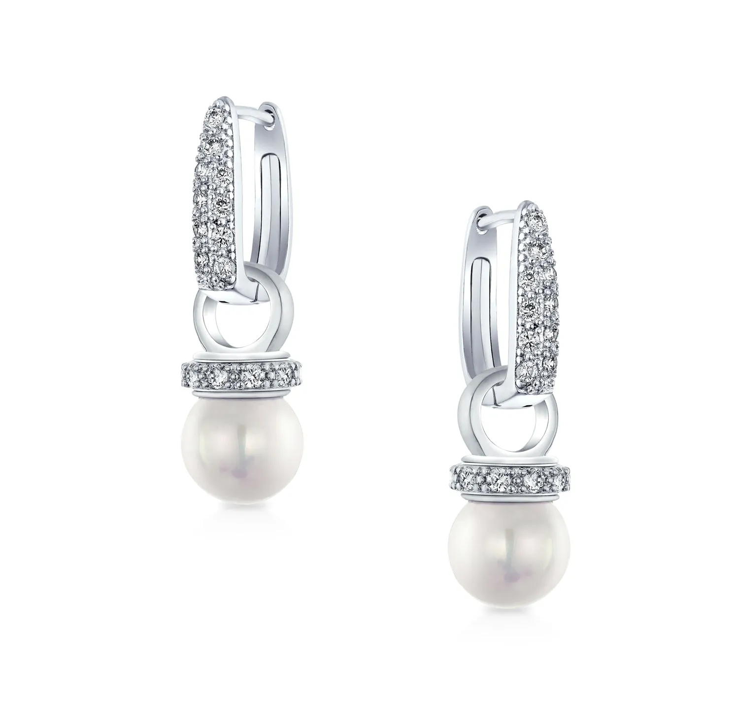 Classic Bridal White Pave CZ Half Hoop Ball Drop Glass Pearl Earrings