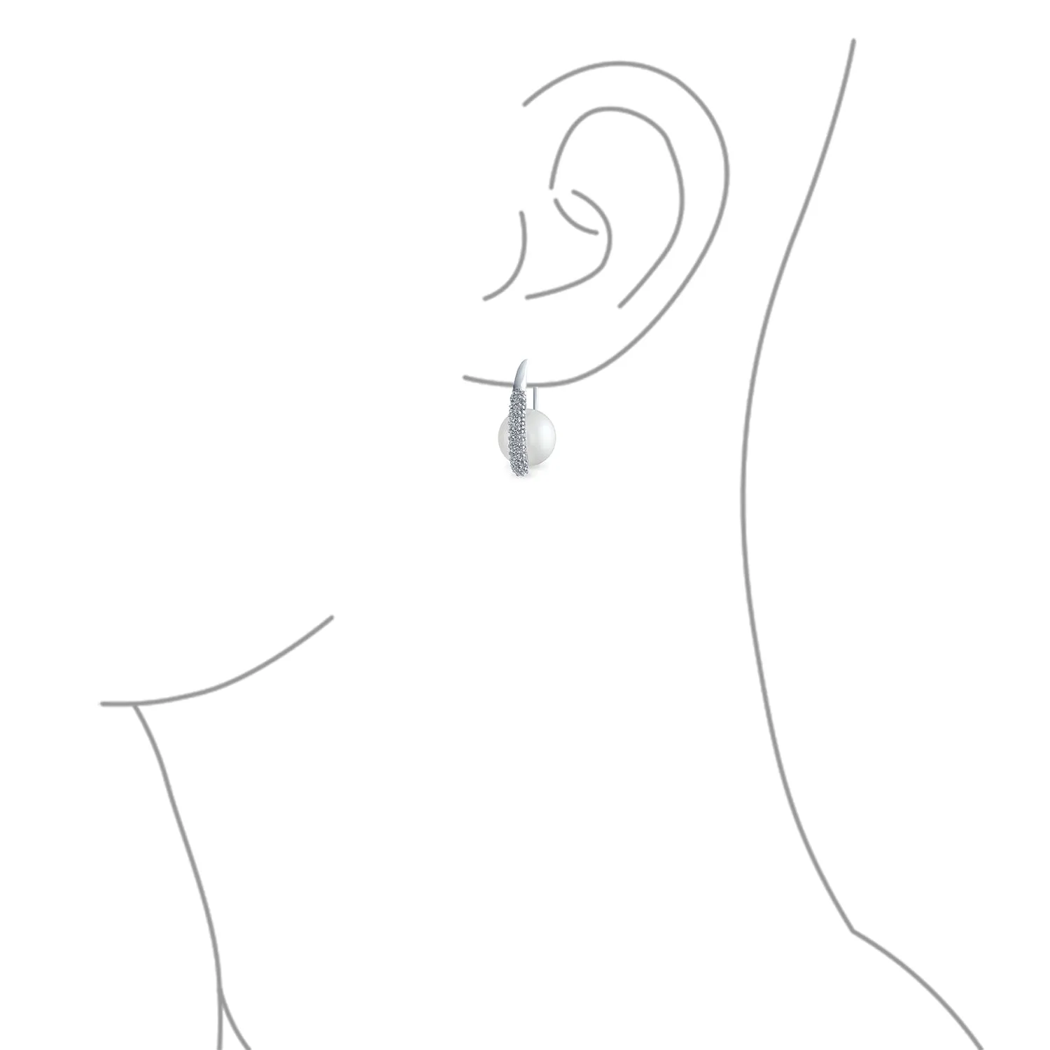 Classic Bridal White Pave CZ Half Hoop Ball Drop Glass Pearl Earrings