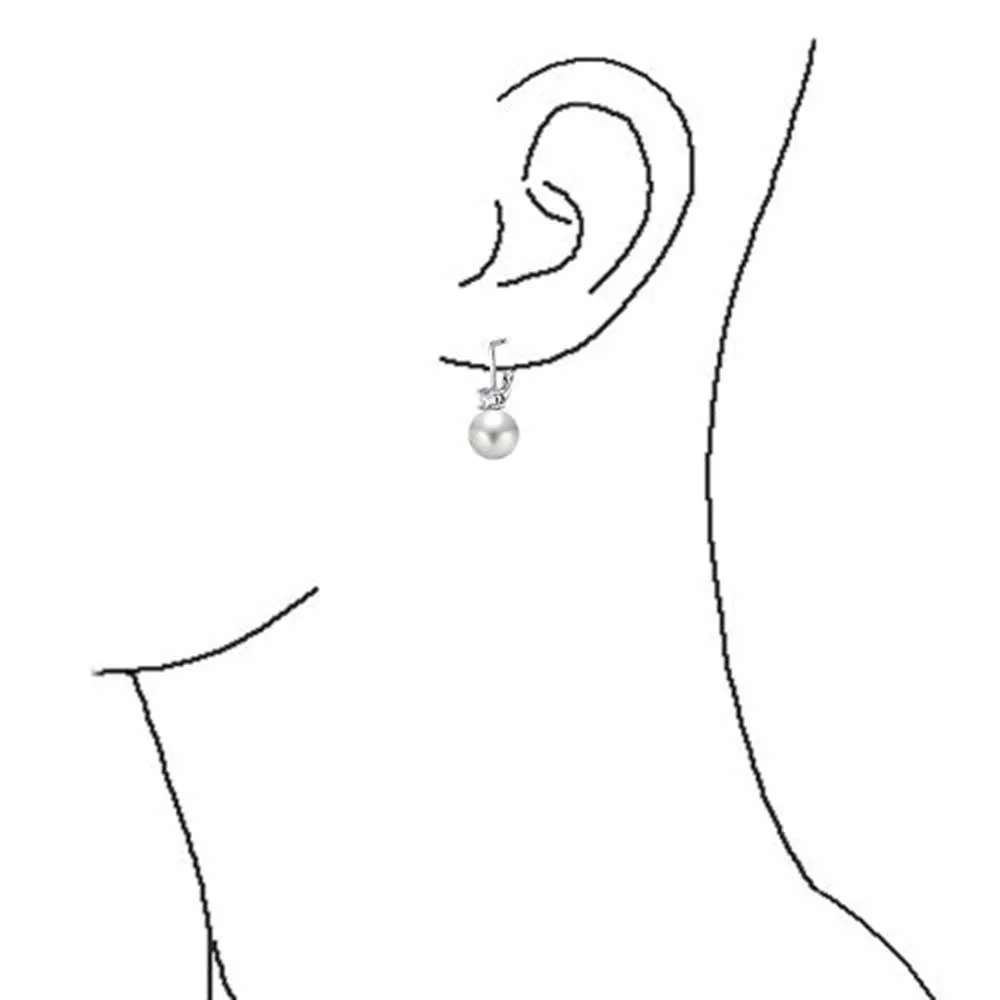 Classic Bridal White Pave CZ Half Hoop Ball Drop Glass Pearl Earrings