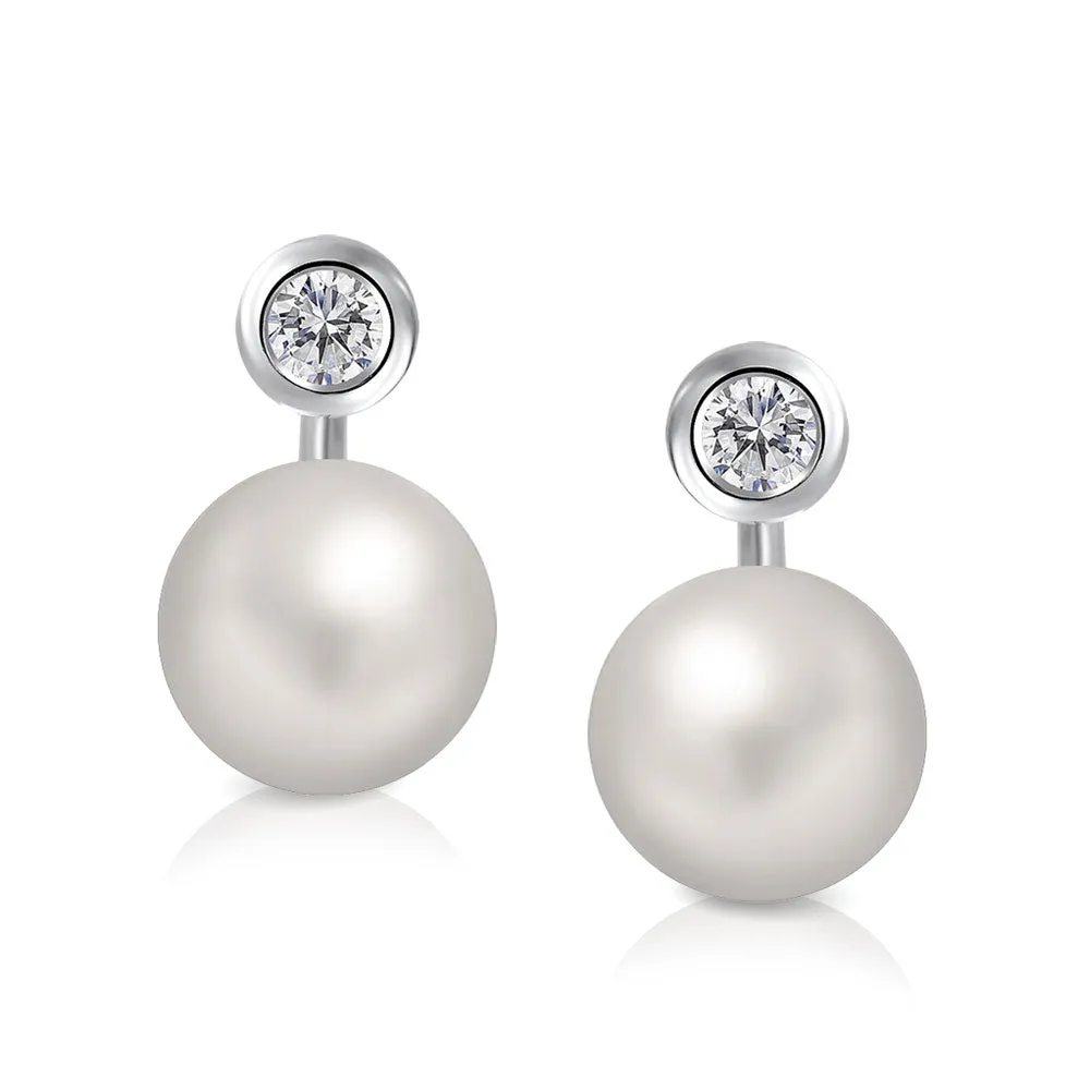 Classic Bridal White Pave CZ Half Hoop Ball Drop Glass Pearl Earrings