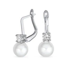 Classic Bridal White Pave CZ Half Hoop Ball Drop Glass Pearl Earrings