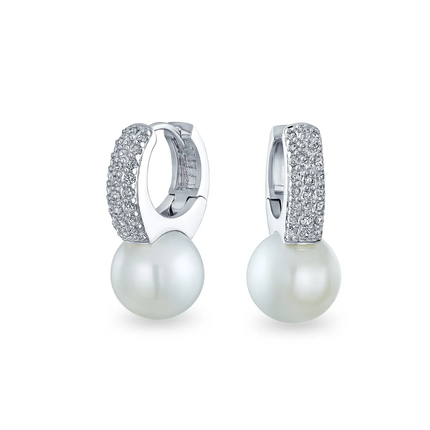 Classic Bridal White Pave CZ Half Hoop Ball Drop Glass Pearl Earrings