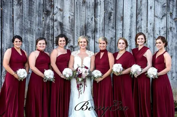 Convertible Long Jersey Bridesmaid Dresses, Burgundy Bridesmaid Dresses