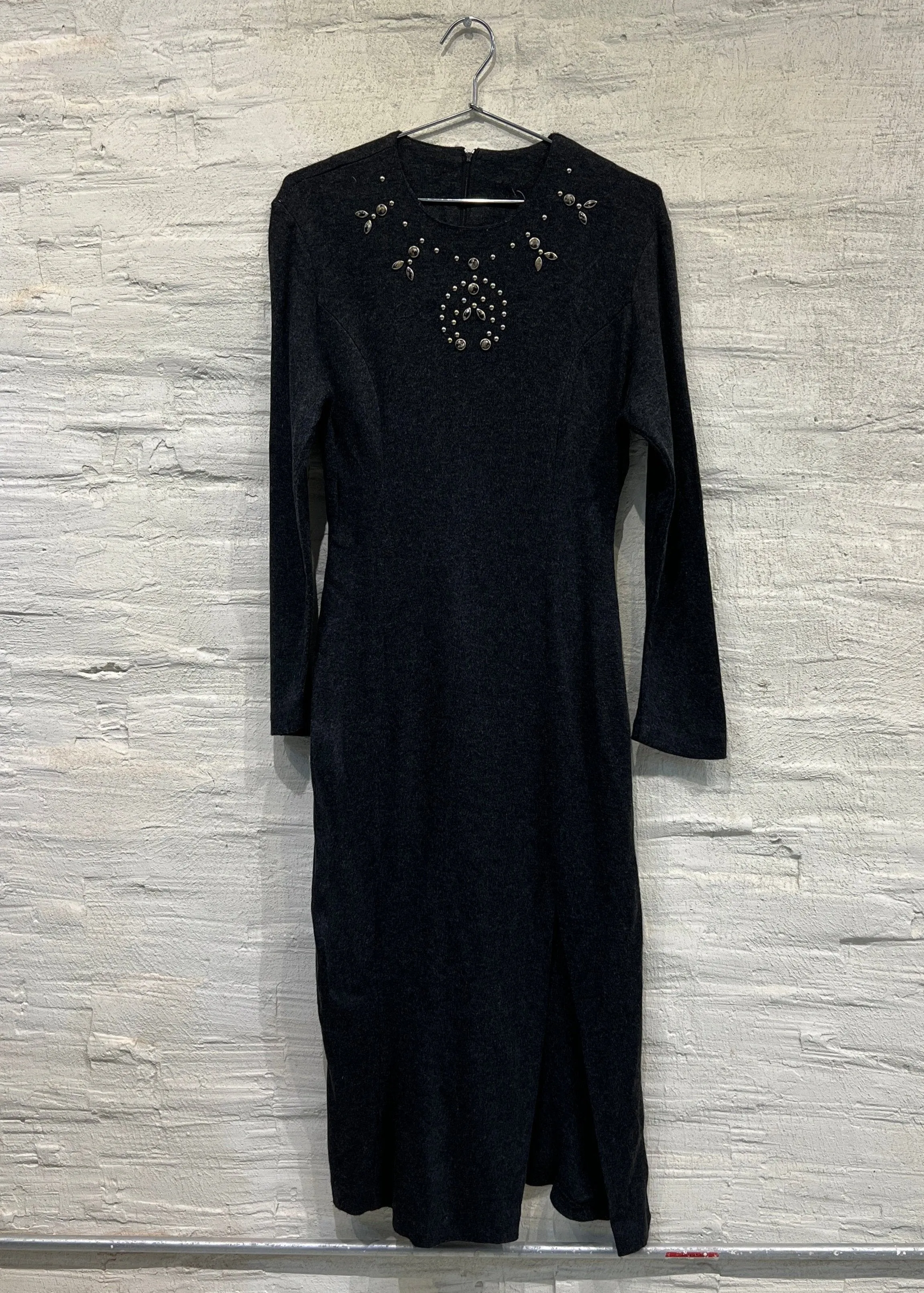 Dark Gray Dress w/ beaded pattern - Vintage/ Used