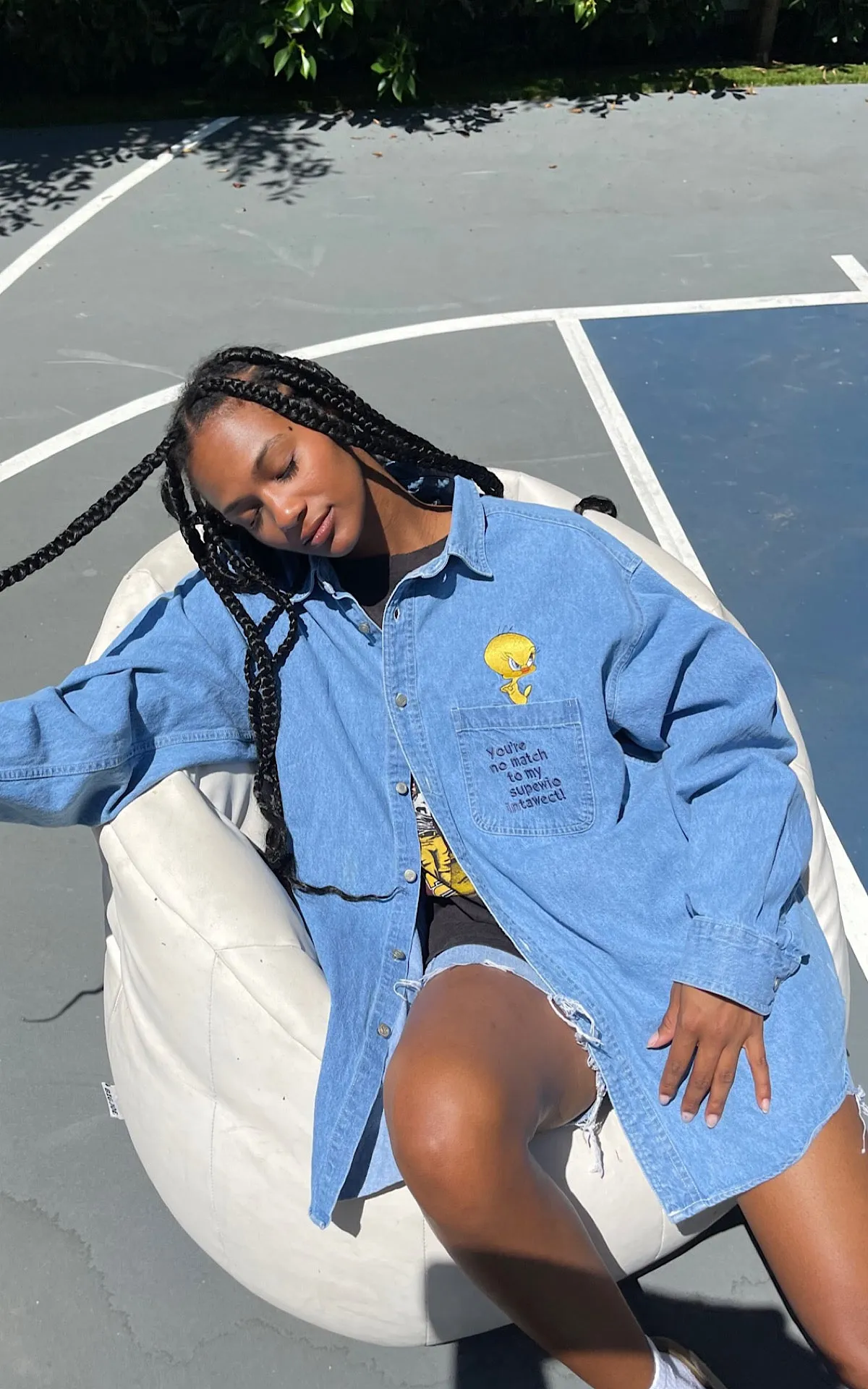 Evi11 Twin 'You're No Match' Tweety Vintage Denim Shirt