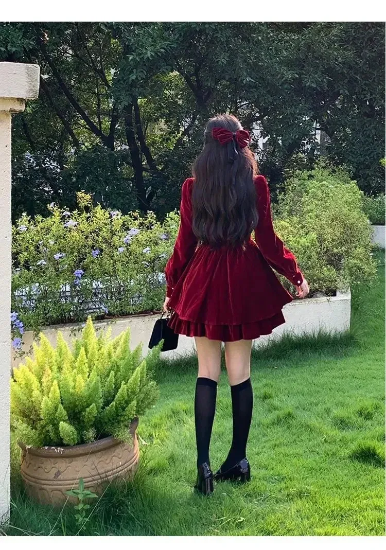 Fashionkova Christmas outfit Gagarich Fashion Red Velvet Dress Princess Style Palace Retro French Temperament Slimming Birthday Autumn Winter Women Vestidos