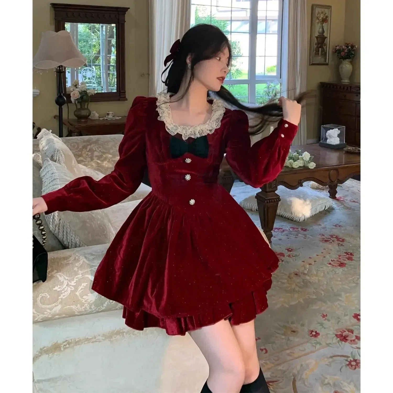 Fashionkova Christmas outfit Gagarich Fashion Red Velvet Dress Princess Style Palace Retro French Temperament Slimming Birthday Autumn Winter Women Vestidos