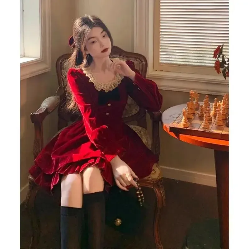 Fashionkova Christmas outfit Gagarich Fashion Red Velvet Dress Princess Style Palace Retro French Temperament Slimming Birthday Autumn Winter Women Vestidos