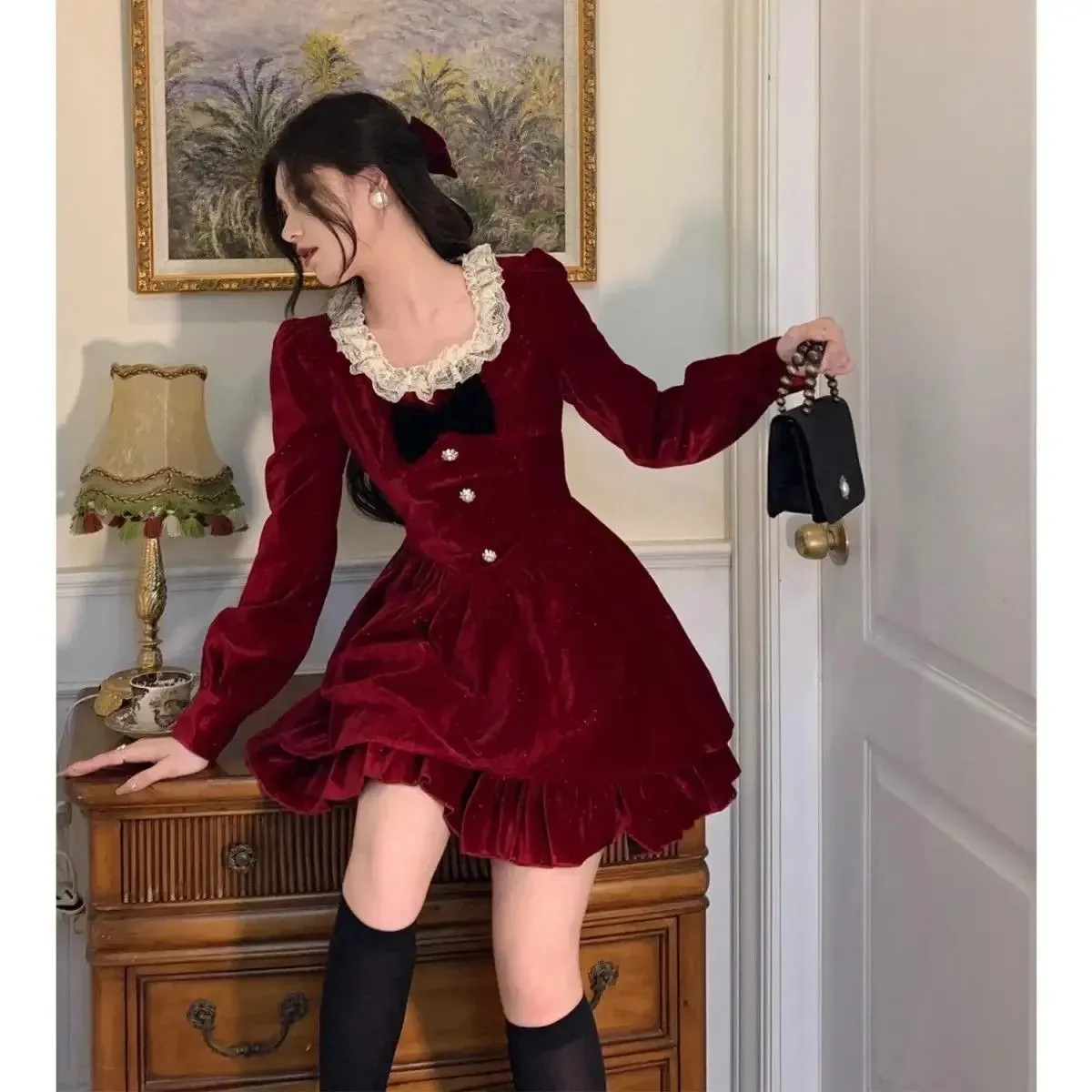 Fashionkova Christmas outfit Gagarich Fashion Red Velvet Dress Princess Style Palace Retro French Temperament Slimming Birthday Autumn Winter Women Vestidos