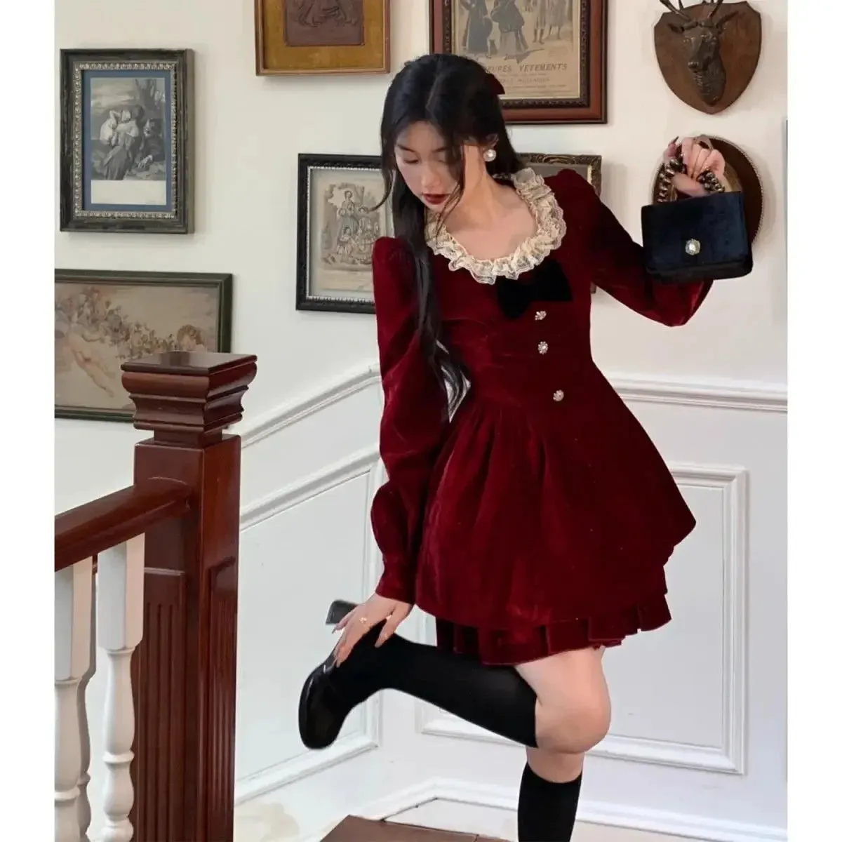 Fashionkova Christmas outfit Gagarich Fashion Red Velvet Dress Princess Style Palace Retro French Temperament Slimming Birthday Autumn Winter Women Vestidos