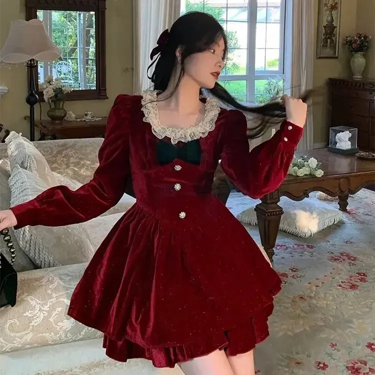 Fashionkova Christmas outfit Gagarich Fashion Red Velvet Dress Princess Style Palace Retro French Temperament Slimming Birthday Autumn Winter Women Vestidos