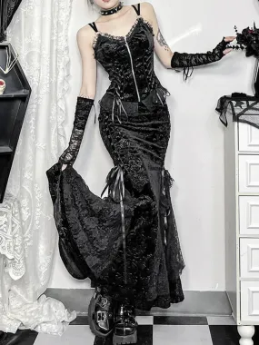 Flytonn Dark Gothic Vintage Jacquard Skirt Women Streetwear Lace Patchwork High Waist Trumpet Skirt Palace Style Cosplay Skirt