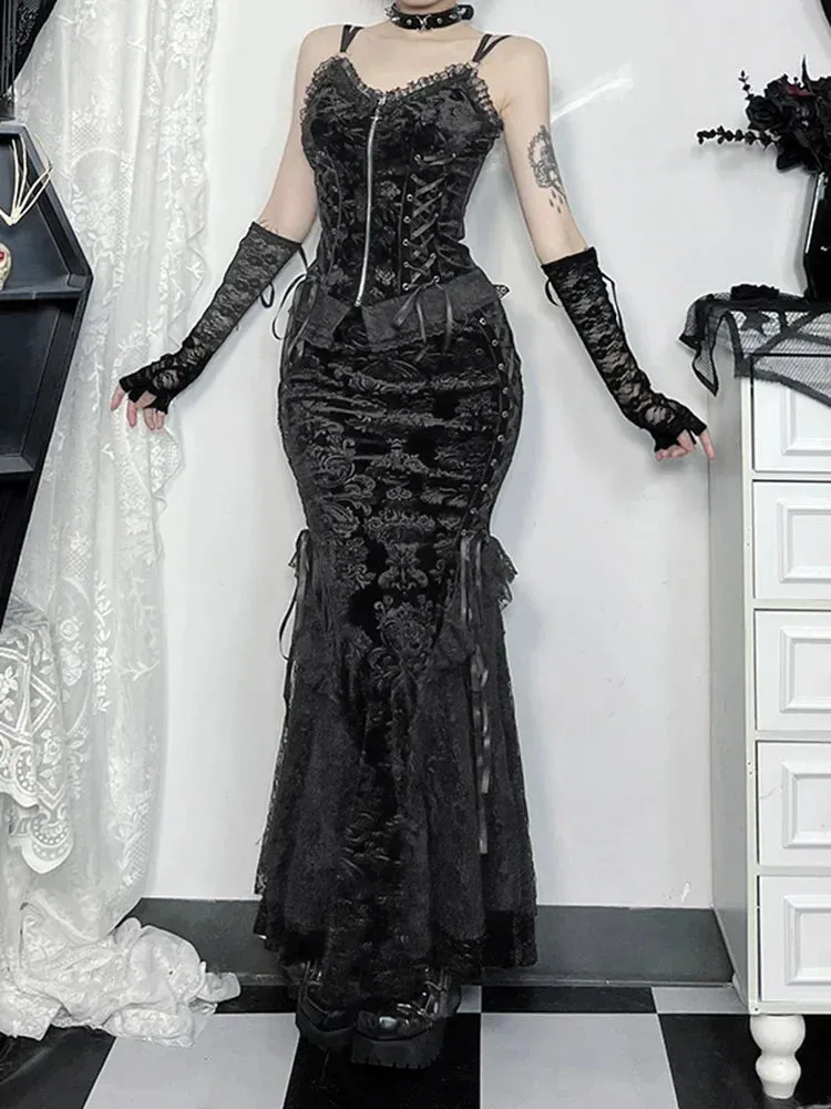 Flytonn Dark Gothic Vintage Jacquard Skirt Women Streetwear Lace Patchwork High Waist Trumpet Skirt Palace Style Cosplay Skirt