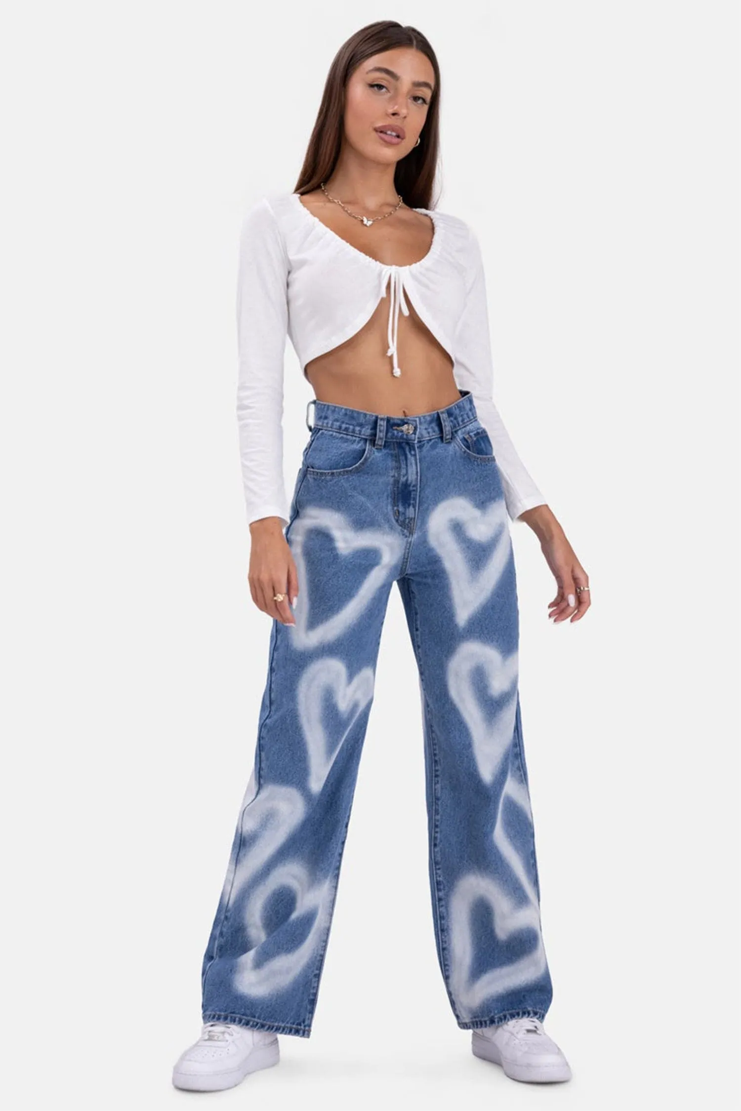 High Waisted Heart Print Blue Baggy Jean